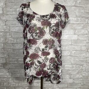 Hot Topic Sheer Blouse skull & rose pattern High-low Top Size Small Goth Emo